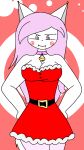  9:16 angry animated anthro bell bell_collar big_breasts blush bouncing_breasts breasts canid canine cheek_markings christmas christmas_clothing clothed clothing collar costume cristali_(character) embarrassed facial_markings fangs female fox fur hair hands_on_hips head_markings hi_res holidays legwear mammal markings nipples partially_clothed pink_eyes pink_hair pink_stockings santa_costume short_playtime solo stockings tail_motion tailwag topless unknown_artist valdroxx_studios wardrobe_malfunction white_body white_fur 