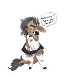  1:1 2021 anthro big_tail biped blush bovid bovine broken_horn brown_body brown_fur cattle claws clothed clothing cross dialogue digital_media_(artwork) dress ear_piercing english_text female footwear fur grey_hair grey_horn hair hi_res hooves horn inverted_cross jewelry knee_highs knee_socks legwear looking_at_viewer maid_headdress maid_uniform mammal manitka manitka_(character) nonbinary_(lore) open_mouth piercing simple_background smile socks solo speech_bubble standing stockings teeth text thigh_highs uniform white_background 