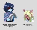  anthro antlers armor blonde_hair blue_body blue_hair blue_skin bovid brown_body brown_fur canid canine capreoline caprine cervid clothed clothing deltarune dick_flattening digital_media_(artwork) duo evil_grin female floppy_ears freckles fully_clothed fur grey_background grin hair hi_res horn human kris_(deltarune) m3an_mash33n male mammal meme noelle_holiday red_eyes red_nose reindeer simple_background smile snowgrave spoiler teeth undertale_(series) video_games 