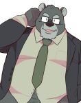  2021 anthro black_body black_fur black_nose bumomomoboa clothing fur humanoid_hands kemono male mammal mature_male necktie overweight overweight_male shirt simple_background solo topwear ursid white_background 