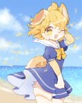  anthro beach biped blue_clothing blue_dress blush canid clothing dress female kuo0 mammal one_eye_closed open_mouth sand seaside sky smile solo water wink yellow_eyes 