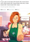 2021 annoyed anthro apron apron_only areola big_areola big_breasts big_nipples biped bodily_fluids breasts clothing coffee_shop detailed_background digital_media_(artwork) domestic_cat english_text eyewear felid feline felis female glasses green_apron green_eyes hair hi_res holding_glass holding_object holding_pen huge_areola huge_breasts i_mean_breast_milk katrina_fowler lactating lactating_through_clothing llmixll looking_at_viewer mammal meme milk mostly_nude nipples one_breast_out orange_hair pen public public_exposure puffy_areola shaded solo speech_bubble starbucks text watermark wet wet_clothing year 