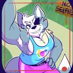  1:1 anthro canid canine canis clothed clothing digital_media_(artwork) fizzyjay fur grey_body grey_fur hi_res male mammal muscular nintendo shirt simple_background smile solo star_fox tank_top topwear video_games wolf wolf_o&#039;donnell 