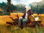  2021 5_fingers anthro black_nose canid canine canis clothed clothing day detailed_background digital_media_(artwork) domestic_dog fingers fur male mammal outside shalinka skoll_(wolf-skoll) sky smile solo white_body white_fur 