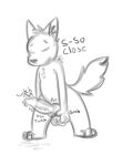  absurd_res anthro big_penis bodily_fluids canid canine edging fox frustrated gayboiarts genital_fluids genitals hi_res huge_penis male mammal monochrome penis precum solo throbbing_penis 