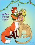  2001 bernard_doove blonde_hair blue_eyes bottomless breasts canid canid_taur canine canine_taur chakat chakona_space christmas clothed clothing dipstick_tail duo english_text felid felid_taur female fox fox_taur fur garrek goldfur green_eyes hair herm_(lore) holidays male male/female mammal mammal_taur markings multicolored_tail open_clothing open_topwear open_vest orange_body orange_fur red_hair shirt tail_markings tank_top taur text topwear vest 