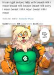  2021 abs absurd_res anthro anthrofied apron arcanine biceps clothing dialogue digital_media_(artwork) english_text green_apron hi_res i_mean_breast_milk leo_(zourik) male mammal mane meme muscular muscular_anthro muscular_male nintendo nipple_piercing nipple_slip nipples orange_body pecs pen piercing pok&eacute;mon pok&eacute;mon_(species) pok&eacute;morph shaded solo speech_bubble stripes text twitter video_games zourik 