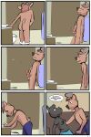  2:3 anthro bathroom bodily_fluids breasts cervid cervine cleaning clothed clothing comic cum cumshot dialogue duo ejaculation female furniture genital_fluids hi_res justin_(study_partners) male male/female mammal masturbation orgasm penile penile_masturbation ratih_(study_partners) red_deer rhinocerotoid sink sofa standing study_partners sumatran_rhinoceros thunderouserections toilet topless young 