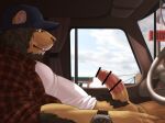  2021 anthro balls car censored clothing cute_fangs detailed_background erection felid genitals hat headgear headwear humanoid_genitalia humanoid_hands humanoid_penis inside inside_car kemono kotori lion male mammal pantherine penis shirt sitting solo topwear uncensored_version_at_source vehicle 