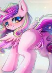  2021 anus butt chaosangeldesu equid equine feathered_wings feathers female feral friendship_is_magic genitals hair hasbro hi_res hooves horn humanoid_pussy_on_feral looking_back mammal multicolored_hair my_little_pony princess_cadance_(mlp) pussy quadruped rear_view simple_background smile solo standing white_background winged_unicorn wings 