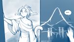  2021 7:4 anthro bare_shoulders basitin blue_and_white blue_background bodily_fluids clothed clothing comic conditional_dnp dialogue english_text female hand_on_wall hi_res mammal monochrome mural robe sad silhouette simple_background sketch solo tears text tom_fischbach twokinds vehra_(twokinds) webcomic white_background 