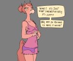  annoyed anthro bulge clothed clothing coral_(tabuley) crossdressing dialogue english_text equid equine girly grey_background hair hair_bun horse male mammal negligee panties pink_body pink_hair simple_background solo speech_bubble standing tabuley text underwear yellow_eyes 