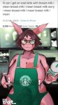  anthro apron apron_only areola big_areola big_breasts big_bulge big_butt bodily_fluids breasts bulge butt clothing digital_media_(artwork) english_text eyewear female_(lore) genitals glasses green_apron gynomorph i_mean_breast_milk intersex inverted_nipples lactating lagomorph leporid mammal meme milk mostly_nude nipple_slip nipples penis rabbit shaded side_boob solo starbucks text trans_(lore) trans_woman_(lore) vee_jay_(vjsins) vjsins wide_hips wide_thighs 