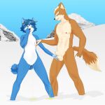  1:1 absurd_res anthro artnoke ball_rub balls blue_body blue_fur blue_sky bodily_fluids canid canine canon_couple colored duo eye_contact female flat_chested foreskin fox fox_mccloud fur genital_fluids genitals giggle green_eyes half-erect hi_res humanoid_genitalia humanoid_penis krystal looking_at_another male male/female mammal mountain nintendo nipple_fetish nipple_play nipples nude orange_body orange_fur peeing penis pussy sky small_penis smile snow standing star_fox urine urine_stream video_games watersports 
