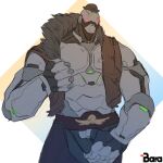  1:1 2018 blizzard_entertainment blush bob_(overwatch) bowler_hat bulge bulge_fondling clothing green_eyes hat headgear headwear humanoid jacket leather leather_belt leather_clothing leather_jacket leather_topwear machine male muscular muscular_male omnic overwatch robot robot_humanoid solo topwear video_games vitaminbara 