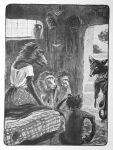  1920 20th_century 3:4 ambiguous_gender ancient_furry_art anthro baboon barefoot bed biped canid canine clothed clothing doorway feet female fox furniture greyscale group haplorhine hat hat_feather headgear headwear hi_res holding_clothing holding_hat holding_headgear holding_headwear holding_object inside joseph_jacinto_mora loose_feather male mammal monkey monochrome old_world_monkey on_bed primate public_domain reynard_the_fox signature sitting sitting_on_bed sitting_on_floor spider_web standing traditional_media_(artwork) window 