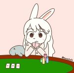  anthro blush card_game female fur furniture gaming hi_res lagomorph leporid mammal manatails manatee manateebun_(manatails) marine poker poker_chip poker_table rabbit simple_background sirenian smile solo table white_body white_fur 