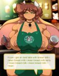  anthro apron apron_only big_breasts bodily_fluids bovid bovine bracelet breasts brown_body brown_fur brown_hair cattle chalo clothed clothing container cup curvy_figure dialogue digital_media_(artwork) english_text eyebrow_through_hair eyebrows female fingers floppy_ears freckles fur green_apron green_eyes hair holding_object horn huge_breasts i_mean_breast_milk inside jewelry las_lindas long_ears looking_at_viewer mammal meme mora_linda mostly_nude muscular muscular_anthro muscular_female narrowed_eyes nipple_slip nipples pen shaded solo standing starbucks sweat sweatdrop text text_on_apron text_on_clothing thick_thighs translucent translucent_hair voluptuous webcomic webcomic_character wide_hips 