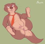  absurd_res anthro anus balls blush brown_body brownieclop clothing digital_media_(artwork) disney emmitt_otterton father genitals hi_res looking_up lutrine male mammal mature_male mustelid necktie nipples nude open_mouth parent penis presenting simple_background small_penis solo tongue zootopia 