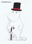  anthro balls clothing daddypassion erection eyes_closed genitals hat headgear headwear hi_res humanoid_genitalia humanoid_penis male moominpappa penis pose simple_background solo the_moomins thinking_pose top_hat 