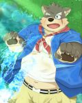  4:5 anthro canid canine canis clothing domestic_dog guratan_wa hi_res lifewonders male mammal moritaka navel obese one_eye_closed overweight pawpads river scar shirt slightly_chubby splashing tokyo_afterschool_summoners topwear video_games water wet wet_clothing wet_shirt wet_topwear wink 