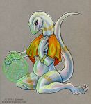  2018 4_toes 5_fingers albino anthro arm_markings artist_name belly biped bracelet brown_background cape cape_only capelet chest_markings claws clothing colored_pencil_(artwork) crusch_lulu dated digitigrade eyelashes feet female finger_claws fingers jewelry leg_markings lizard long_neck looking_down magic magic_user markings mostly_nude neck_markings necklace orange_cape orange_clothing orange_markings orange_topwear overlord_(series) pattern_cape pattern_clothing pattern_topwear pupils red_eyes reptile scalie shaded simple_background sitting slit_pupils smile snout soft_shading solo tail_markings text thigh_markings toe_claws toes topwear traditional_media_(artwork) tribal tribal_markings url white_body zyleeth 