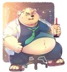  2021 anthro belly beverage big_belly blush bodily_fluids bottomwear bubble_tea clothing humanoid_hands kemono leib_(tas) lifewonders male mammal natamaru_a necktie obese obese_male overweight overweight_male pants polar_bear shirt sitting solo sweat tokyo_afterschool_summoners topwear ursid ursine video_games 