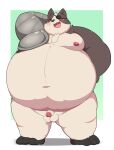  2021 anthro badger badgerclops balls belly black_nose blush cartoon_network eye_patch eyewear flaccid genitals hi_res kemono kusosensei male mammal mao_mao:_heroes_of_pure_heart moobs mustelid musteline navel nipples obese obese_male overweight overweight_male penis simple_background small_penis solo 