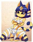  animal_crossing ankha_(animal_crossing) anthro big_breasts breasts crouching domestic_cat felid feline felis female frown hi_res izfan mammal nintendo nipple_outline pattern_background simple_background solo spread_legs spreading video_games wraps 