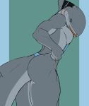  anthro breasts butt clothed clothing f_draws female fish gills grey_body hi_res mammal marine non-mammal_breasts open_mouth selene_(f_draws) shark sharp_teeth side_boob solo standing tattoo teeth 