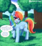  2021 absurd_res cutie_mark detailed_background dialogue dibujito english_text equid equine female feral friendship_is_magic grass hasbro hi_res looking_at_viewer mammal multicolored_tail my_little_pony outside pegasus plant rainbow_dash_(mlp) rainbow_tail solo text tree wings 