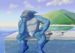  581rsiy abs anthro asian_clothing bandanna clothing east_asian_clothing fin fish fisherman fundoshi hi_res isaribi japanese_clothing kerchief lifewonders live-a-hero male marine muscular muscular_anthro muscular_male pecs pier shark solo underwear video_games water 