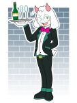  3:4 alcohol anthro belt beverage black_tie_(suit) blush blush_stickers boss_monster bovid bow_tie bran-draws-things caprine clothing container cup darkner deltarune eyewear fur glasses green_eyes hand_behind_back hi_res holding_object horn looking_at_viewer male mammal one_eye_closed open_mouth ralsei simple_background smile solo standing suit tray undertale undertale_(series) video_games white_body white_fur wink 