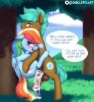  2021 absurd_res balls blush bodily_fluids cloud cum cutie_mark dialogue dibujito english_text equid equine fan_character female feral friendship_is_magic genital_fluids genitals grass hasbro hi_res male mammal multicolored_tail my_little_pony open_mouth outside pegasus penis plant rainbow_dash_(mlp) rainbow_tail text tree wings 