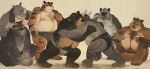  2021 absurd_res anthro belly black_body black_fur black_nose bodily_fluids bottomwear bovid bovine brown_body brown_fur butt cattle clothing felid fight fur grey_body group hi_res humanoid_hands huynhduyad14 hyaenid loincloth male mammal moobs nipples overweight overweight_male pantherine rhinocerotoid scar sitting suid suina sus_(pig) sweat tiger towel towel_around_neck towel_on_shoulder ursid wild_boar 