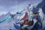  2021 abs anthro blue_eyes canid canine claws clothed clothing day detailed_background digital_media_(artwork) etsucuprumfox eyebrows eyelashes fangs feral finger_claws fox fur group hair holding_object holding_sword holding_weapon male mammal melee_weapon mountain outside red_claws red_eyes shaded sky snow snowing sword trio weapon white_body white_fur white_hair 