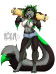  2021 4_toes 5_fingers alpha_channel anthro belt big_breasts black_hair black_nose bottomwear breasts canid canine canis claws cleavage clothed clothing curvy_figure digitigrade elbow_tufts fangs feet female finger_claws fingers fur green_body green_eyes green_fur green_hair grey_body grey_fur hair hi_res hindpaw humanoid_hands long_tail looking_at_viewer mammal midriff multicolored_body multicolored_fur multicolored_hair navel noelleneko paws sabertooth_(anatomy) shorts signature simple_background skateboard smile smirk solo standing teeth toe_claws toes transparent_background two_tone_hair wide_hips wolf 
