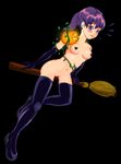  breasts broom broom_riding cleavage gloves highres pumpkin purple_hair pussy thighhighs uncensored vines witch 