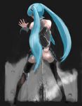  hatsune_miku long_hair panties panties_around_one_leg pee peeing solo thighhighs twintails underwear very_long_hair vocaloid 