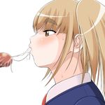  blonde_hair blush censored close-up cum cum_in_mouth eyebrows fellatio oral penis simple_background sweat twintails 