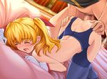  1boy 1girl alice_soft bed big_bang_age blonde_hair blush censored daibanchou doggystyle eyes_closed female game_cg gloves himenomiya_kaen indoors male open_mouth penis sex top-down_bottom-up 