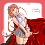  1girl bat breasts cape censored cock_ring erection fang futanari gradient gradient_background long_hair original penis pointless_censoring red_hair ribbon skirt solo vampire very_long_hair yozora 