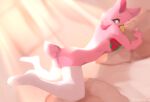  anthro avian beak bed birbit clothing female fianxi_kushin footwear footwear_only fur furniture hi_res hybrid lagomorph legwear leporid light looking_back mammal minuwa mostly_nude multicolored_tuft on_bed pink_body pink_fur rabbit socks socks_only solo sunlight thigh_highs tuft 