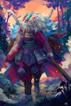  absurd_res anthro asian_mythology blue_hair chimera clothed clothing demon detailed_background east_asian_mythology female fluffy fluffy_hair fur hair hi_res horn ikaika japanese_mythology mythology oni plive solo teeth white_body white_fur white_hair yōkai 