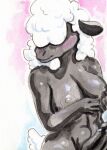  anthro black_body black_skin bovid breasts cadmiumtea caprine carol_(brocade) domestic_sheep erection genitals gynomorph hair hair_over_eye hi_res holding_breast intersex lgbt_pride mammal one_eye_obstructed penis pride_colors sheep shy solo suffolk_sheep trans_(lore) trans_woman_(lore) transgender_pride_colors 