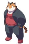  2016 anthro ayame42612 belly bottomwear clothing eyes_closed felid kemono male mammal overweight overweight_male pantherine pants pink_nose shirt simple_background solo tiger topwear white_background 
