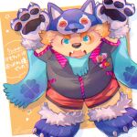  1:1 2021 anthro black_nose bottomwear canid canine canis chibi clothing cu_sith_(tas) domestic_dog halloween halloween_costume hi_res holidays japanese_text kemono lagoon_bluebear lifewonders male mammal overweight overweight_male paws scarf shirt shorts simple_background solo text tokyo_afterschool_summoners topwear video_games 