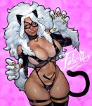  absurd_res animal_humanoid big_breasts black_cat_(marvel) blanclauz breasts capcom cat_humanoid cleavage clothed clothing darkstalkers domestic_cat felicia_(darkstalkers) felid felid_humanoid feline feline_humanoid felis female fusion hi_res humanoid legwear lingerie looking_at_viewer mammal mammal_humanoid marvel pubes spider-man_(series) thick_thighs thigh_highs tongue tongue_out video_games wide_hips 
