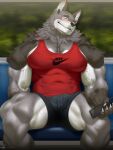  anthro bottomwear canid canine canis cellphone clothing headphones hi_res male mammal muscular muscular_anthro muscular_male muscular_thighs neck_tuft nipple_outline phone raccoon21 shirt shorts sitting sleeping solo tank_top topwear tuft veiny_muscles wolf 