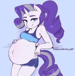  aged_up anthro anthrofied artist_name belly big_belly blue_eyes bodily_fluids bottomwear bra breasts clothed clothing equid equine female friendship_is_magic grey_highlights hair hand_on_stomach hi_res highlights_(coloring) horn hotpants long_hair mammal mature_anthro mature_female midriff my_little_pony ponytail portrait pregnant purple_hair rainbowsprinklesart rarity_(mlp) shorts solo sports_bra sweat three-quarter_portrait underwear unicorn white_body 